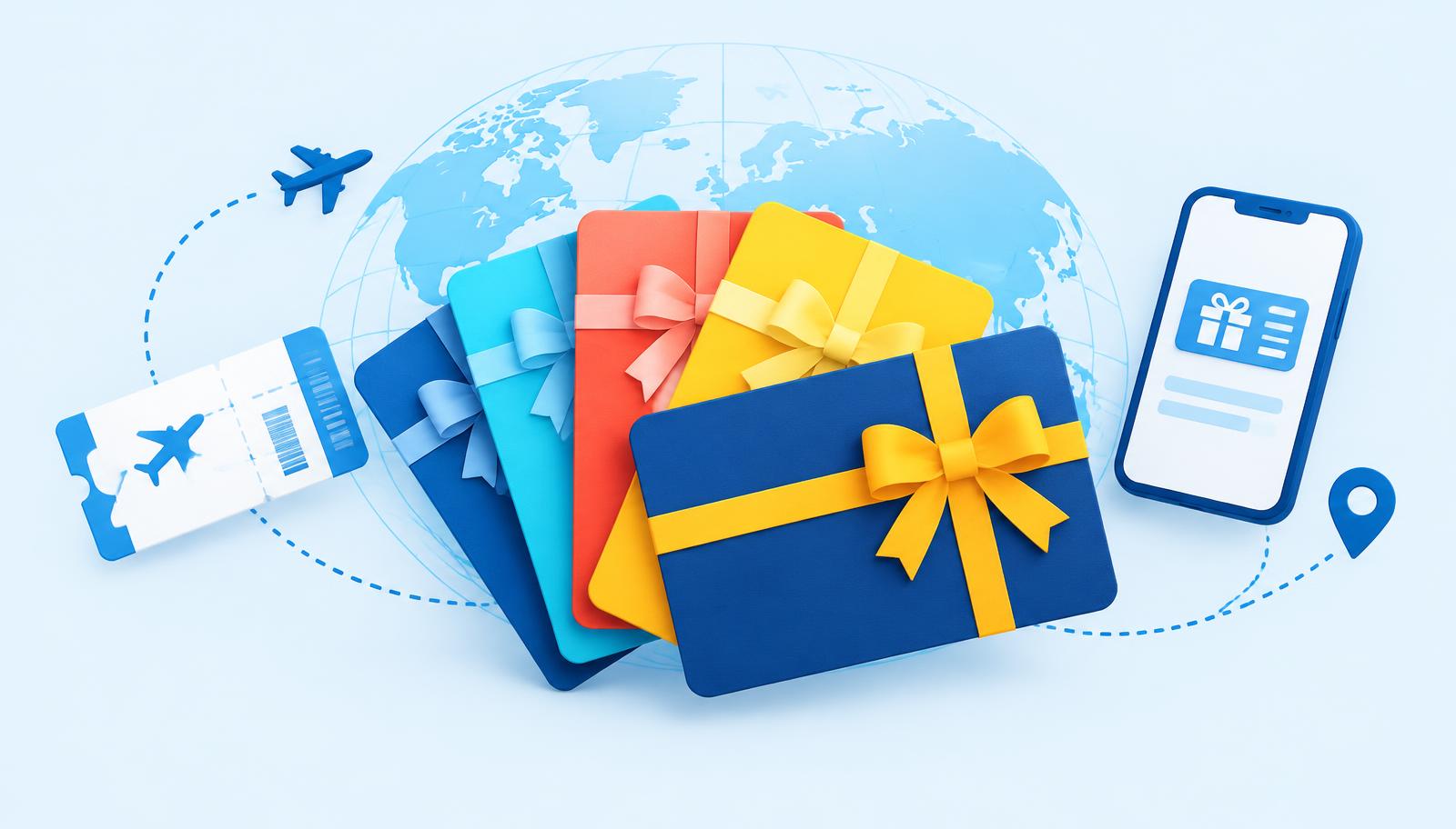 Colorful digital gift cards for shopping, gaming and travel
